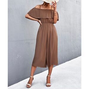 Coeur de Vague Woman Brown Ruffle Crop Off Shoulder Jumpsuit , Size Large